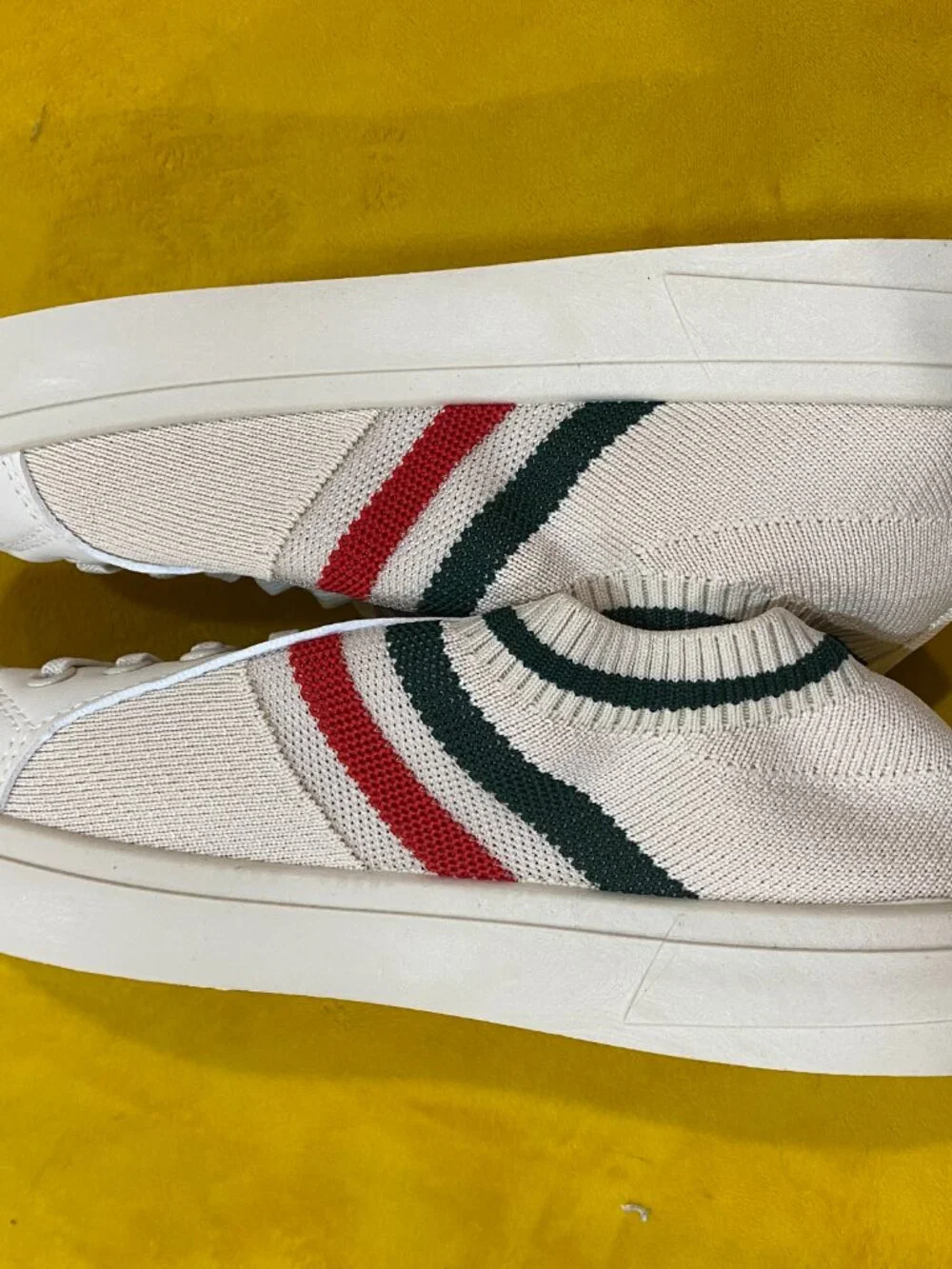 Vintage Inspired White Knit Fashion Sneakers | Green Red Stripe Casual Shoes
